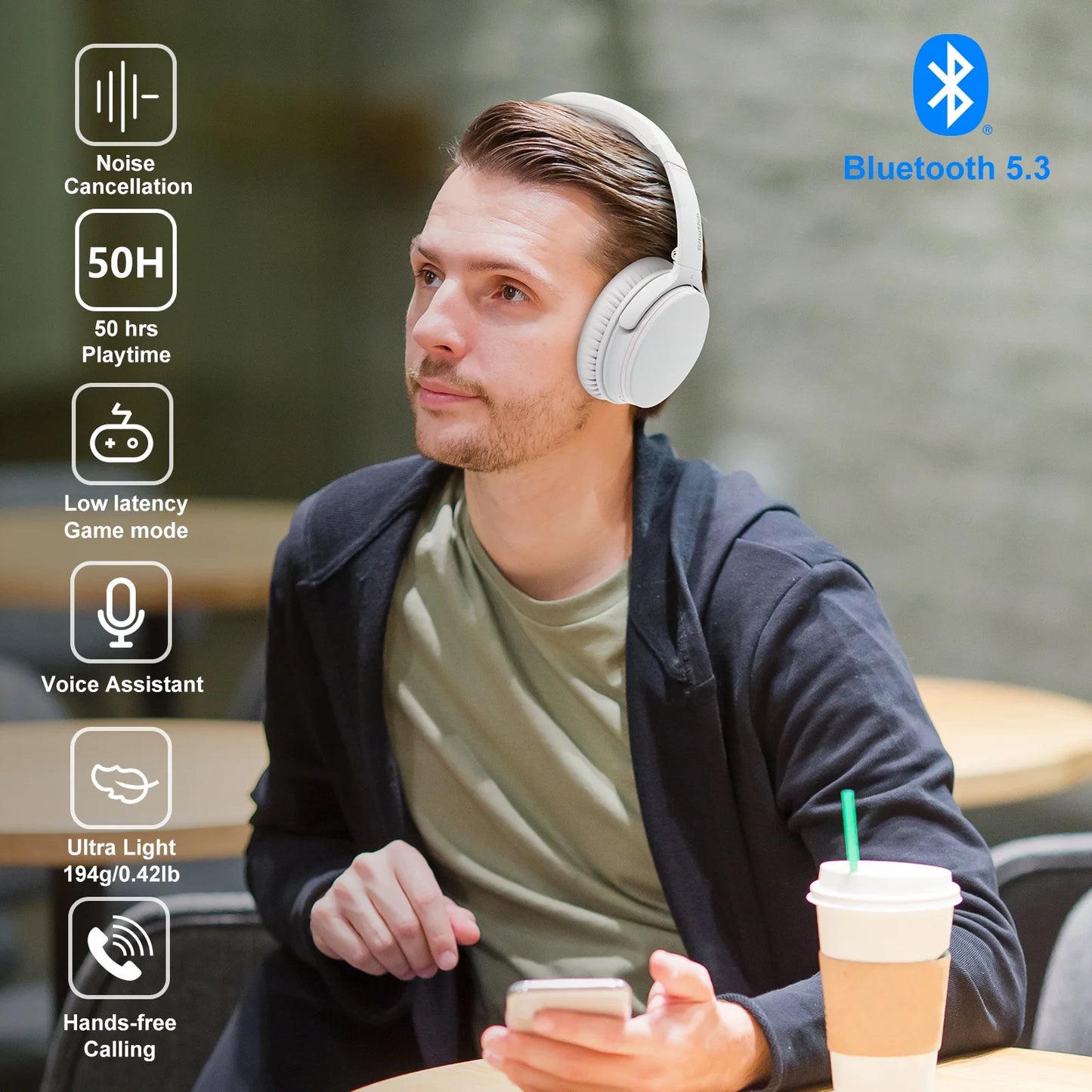NC25 Active Noise Cancelling Headphones Bluetooth 5.3, Over-Ear with ANC ,Mic,50H Playtime, Voice Assistant