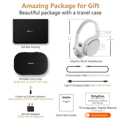 NC25 Active Noise Cancelling Headphones Bluetooth 5.3, Over-Ear with ANC ,Mic,50H Playtime, Voice Assistant